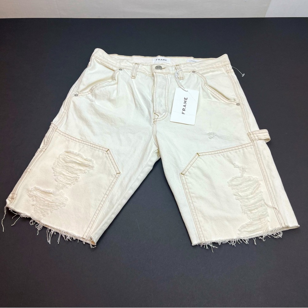 Frame Le Slouch Bermuda Off White Rips‎ Distressed Denim Short 26 NEW *TINY FLAW